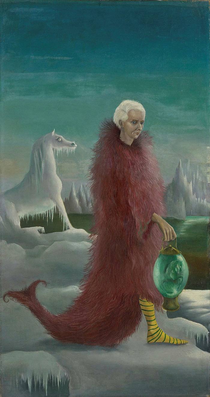Painting of a man with white hair wearing a red fur robe with a fishtail and yellow and green striped socks. He is holding a green lantern. The landscape behind him is covered in ice, including a figure of a white horse dripping with icicles 