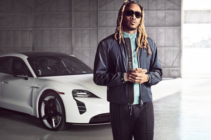 Future for Porsche x BOSS SS22; water-repellent jacket, £389, cotton mesh T-shirt, £189, and trousers, £199