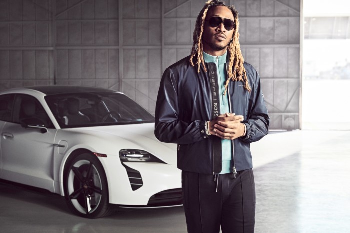 Future for Porsche x BOSS SS22; water-repellent jacket, £389, cotton mesh T-shirt, £189, and trousers, £199