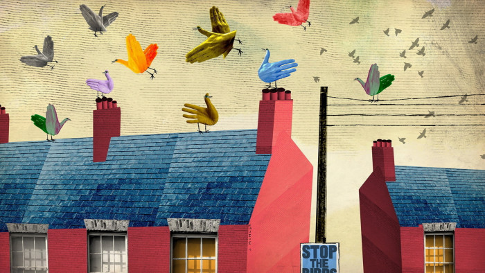 Jonathan McHugh illustration of many coloured crossed hands in the shape of birds in the sky above the rooftops 