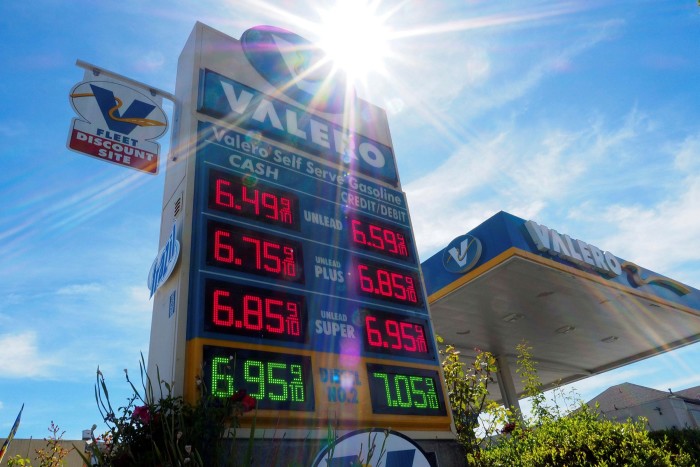 A Valero gas station displays petrol prices in Alameda, California