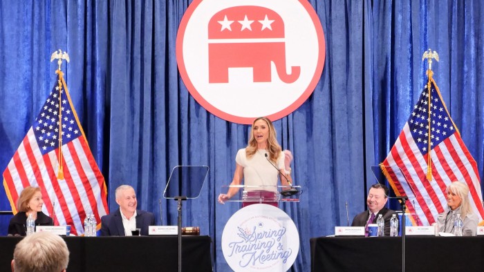 Lara Trump, daughter-in-law of Donald Trump, speaks at the Republican National Committee spring meeting last week