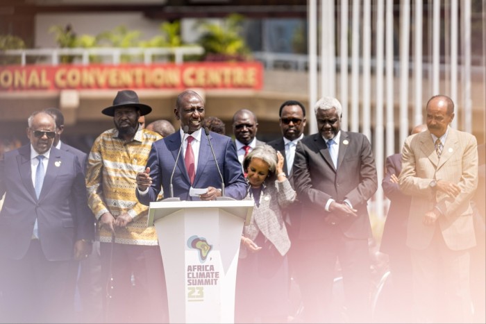 William Ruto, Kenya’s president, delivers his closing speech in front of African leaders on day three of the Africa Climate Summit (ACS23) outside the Kenyatta International Convention Centre (KICC) in Nairobi, Kenya, on Wednesday, Sept. 6, 2023