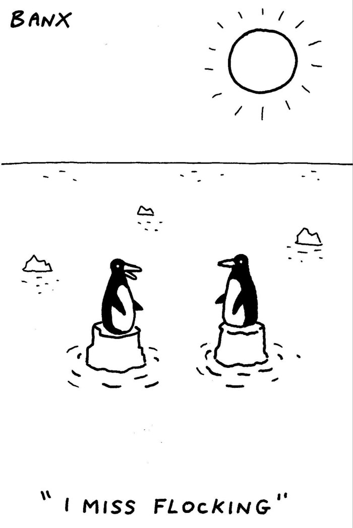 Illustration of two penguins ‘talking’, each on top of a chunk of melting ocean ice