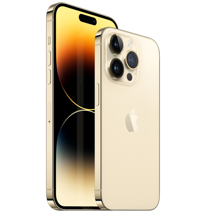 The iPhone 14 Pro Max (left) and Pro in gold