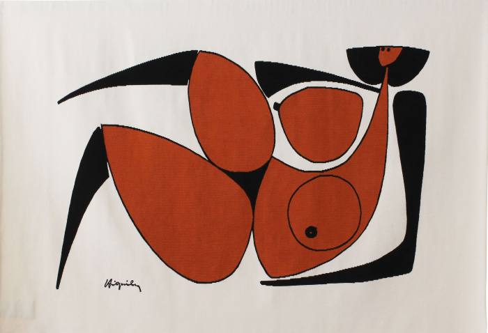 White tapestry with a cubist naked red woman reclining
