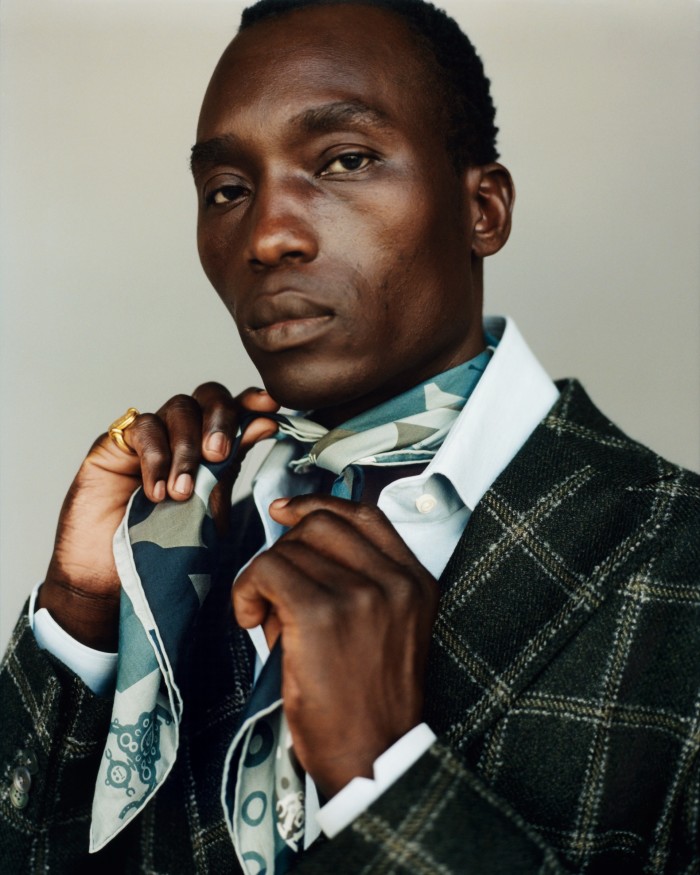 Monsieur Dandy wool/silk jacket, £995, and cotton shirt, £195. Hermès 65cm silk Mr Farrier scarf, £205. Ilaria Icardi gold The Engraved Signet ring, £2,600