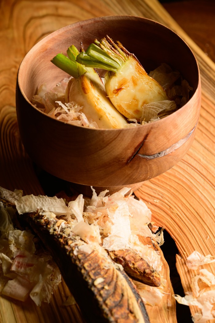 A dish of flaked yellowfin tuna and bamboo shoots at Auberge Tokito