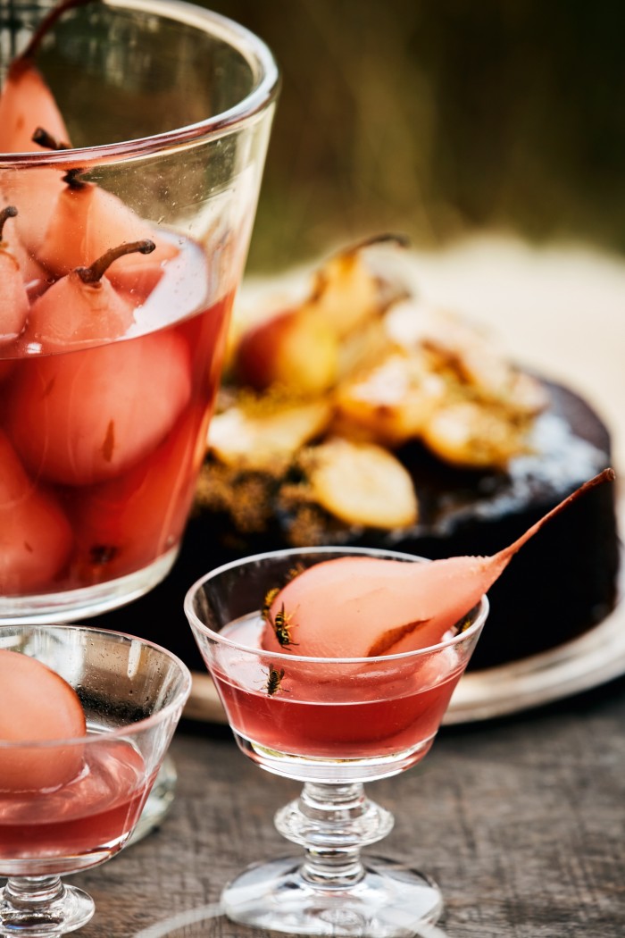Rosé and vanilla poached pears