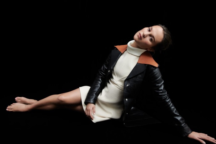 Alicia Vikander wears AW14 leather coat and wool dress