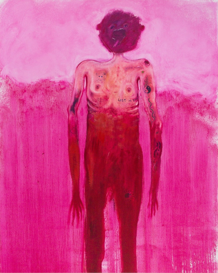 In a painting, the naked body of a woman, featuring a bear head and tattoos, is rendered dramatically in red, bright pink and purple