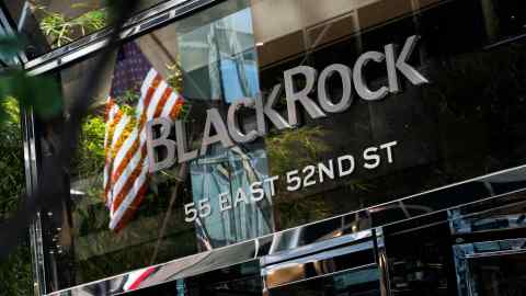 Signage is displayed at the entrance to BlackRock’s headquarters in New York