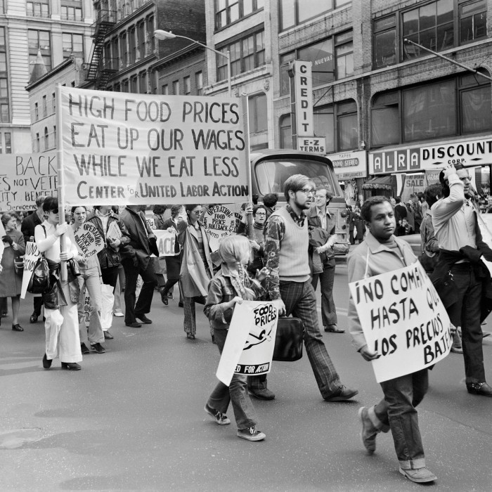 Protesters in 1970s New York rally against high food prices. If Joe Biden's economic experiment fails it could lead to the overheating, high inflation and financial instability of that decade