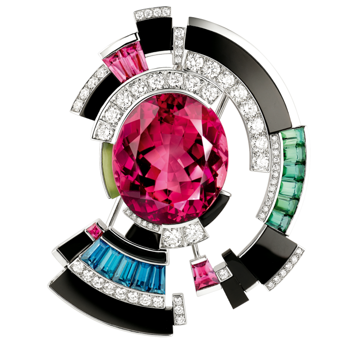 Chaumet Perspectives de Chaumet rubellite, green and pink indicolite tourmaline, jade, diamond, onyx and white-gold Labyrinthe brooch, POA