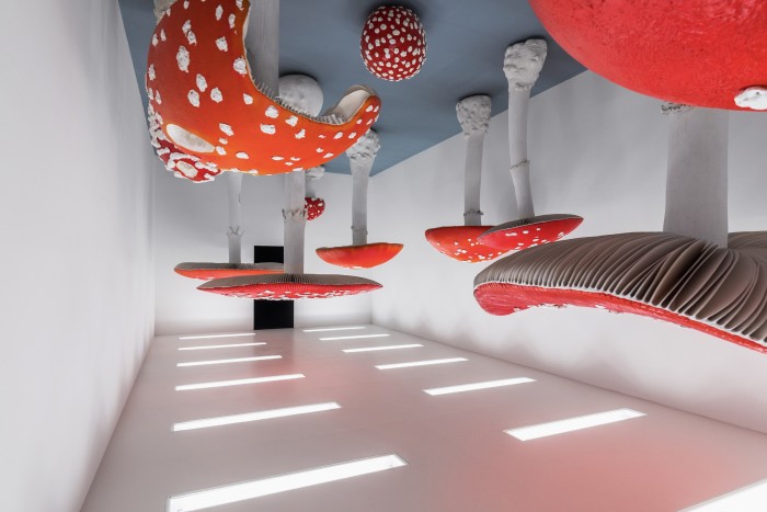 Carsten Höller’s Upside Down Mushroom Room on display at Fondazione Prada