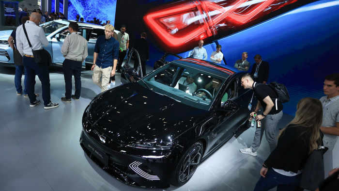 A BYD Seal electric sedan on display at Munich Motor Show in Germany