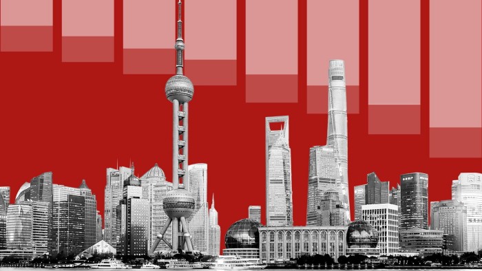 A montage of the Shanghai skyline and a chart going down