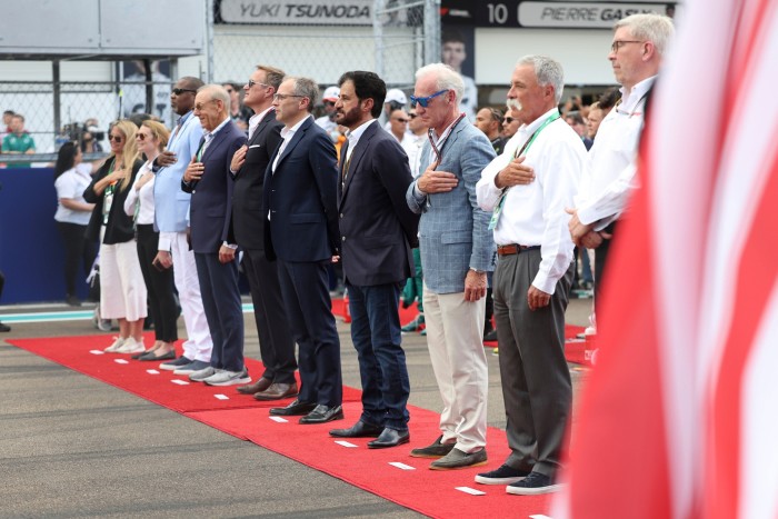 Stefano Domenicali, Mohammed Ben Sulayem and others at the F1 Grand Prix of Miami at Miami International Autodrome