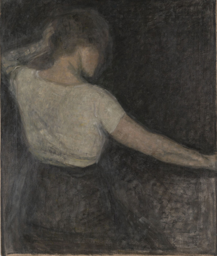 In a painting, a young woman wearing a white T-shirt and a black skirt is seen from behind as she touches her head with her left hand