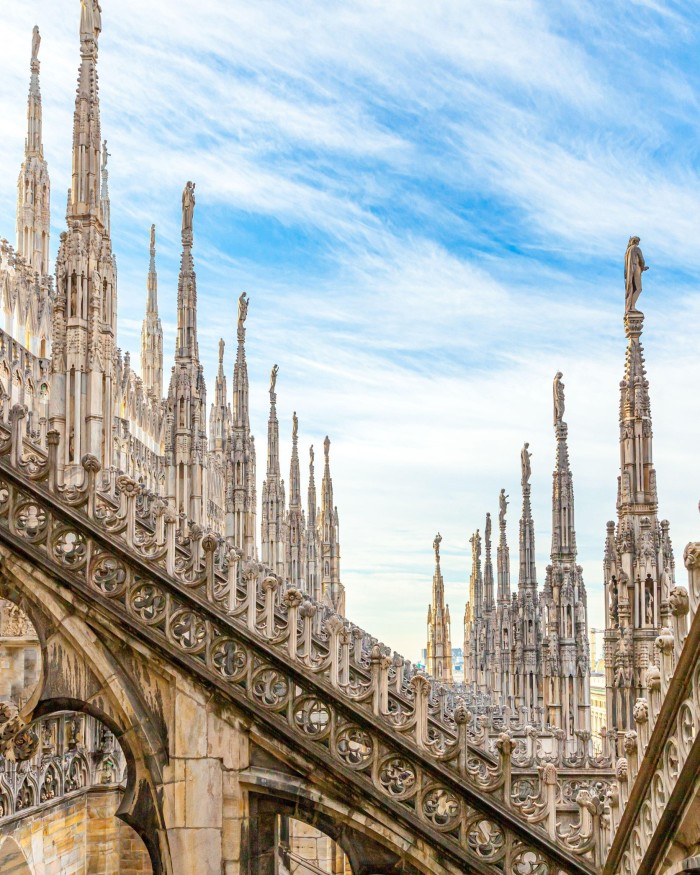 The spires of the roof of the Duomo in Milan