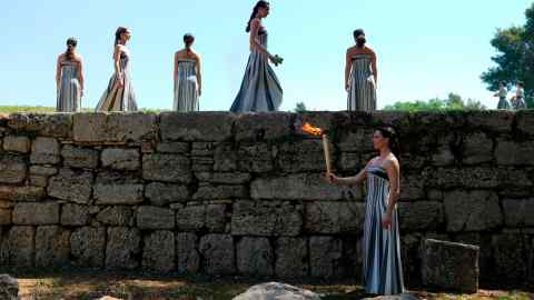 The final dress rehearsal of the flame lighting ceremony for the Paris Olympics, at the Ancient Olympia site, Greece, this week
