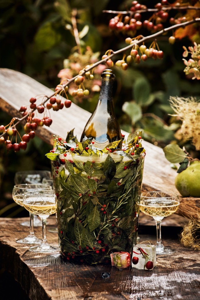 Champagne served in a bucket of ice stuffed with rosemary, bay leaves, ilex and crab apples