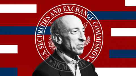 Montage image of Gary Gensler and the SEC logo