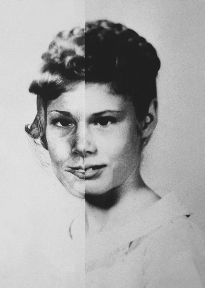 A black and white portrait of a woman where the left half is drawn and the right half is a photo
