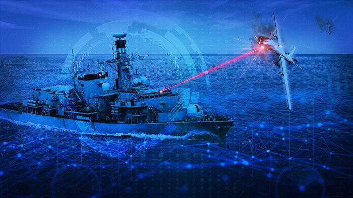 Graphic of a navy vessel firing a laser beam at a drone 