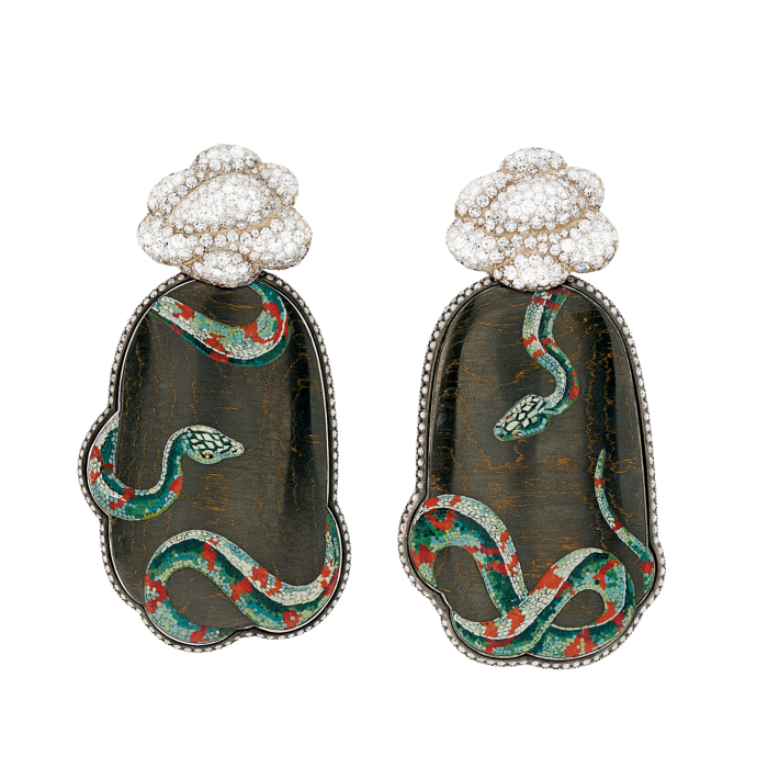 Vamgard by Maurizio Fioravanti carbon-fibre, diamond and micro mosaic ear pendants, $90,000