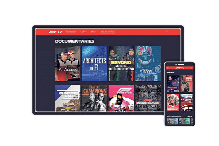 A TV screen shows several F1-related TV programs. At the bottom right shows the same contents
