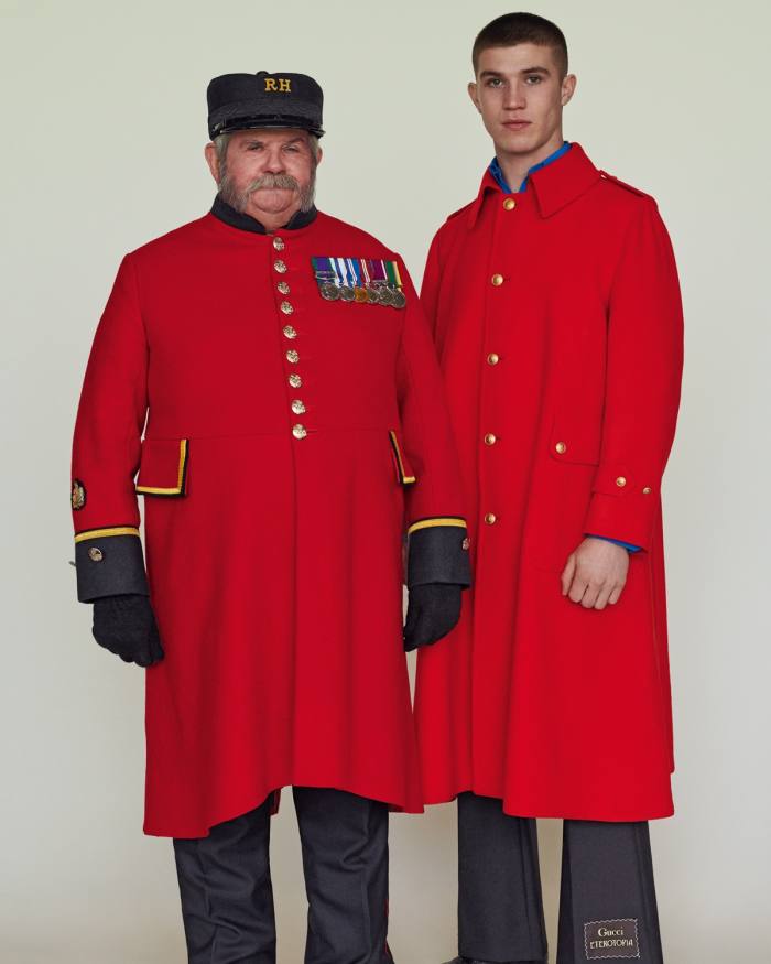 From left: Joe wears traditional Chelsea Pensioner uniform. Oisin wears Gucci vintage wool cloth coat, £3,350, silk crepe shirt, £610, and wool/mohair trousers, £750