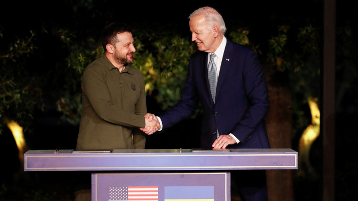 US President Joe Biden and Ukrainian President Volodymyr Zelenskyy shake hands during a press conference on the day of a bilateral meeting on the sidelines of the G7 summit in Fasano, Italy, June 13 2024