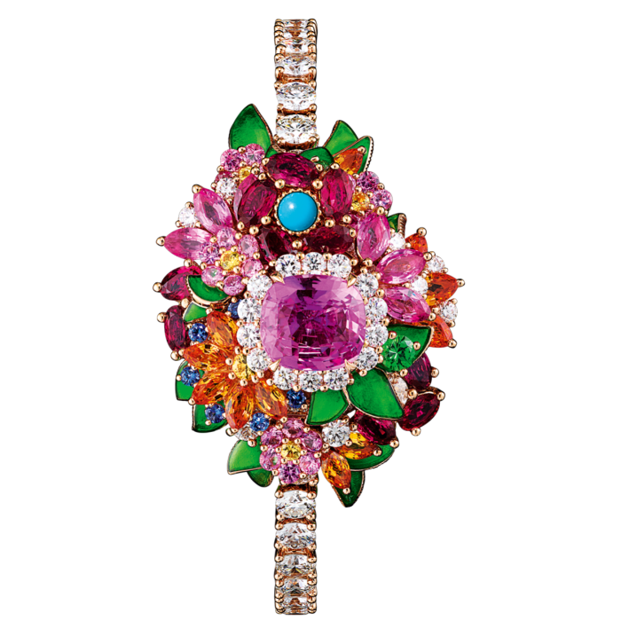 Pink-gold, diamond, sapphire, ruby, garnet, turquoise and lacquer timepiece, POA