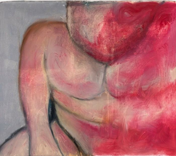 Oil painting of a lumpy naked body which blurs into red smears on the right-hand side