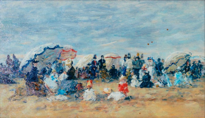 Blurry painting of people in smart clothes on a beach 