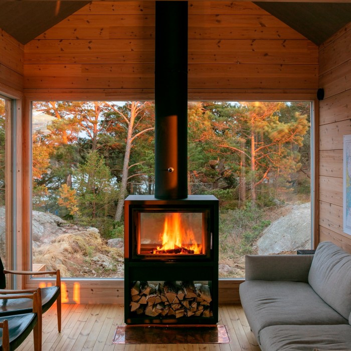 Wood burning stove in log cabin