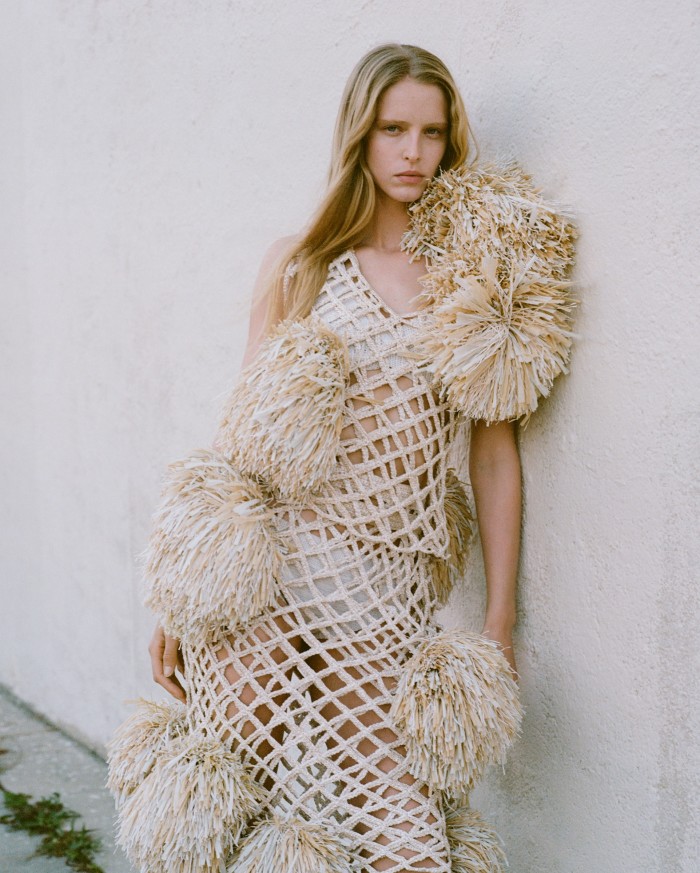 Bottega Veneta mesh crochet pom-pom top, £2,240, matching skirt, £2,600, cotton knit bra, £680, and matching briefs, £680