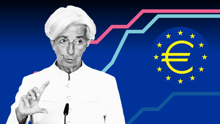 A montage of Christine Lagarde, the ECB logo and lines from a chart  