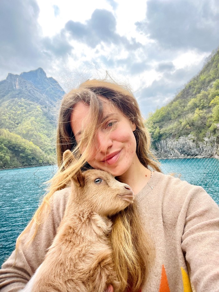 Marjana Koçeku with one of her baby goats