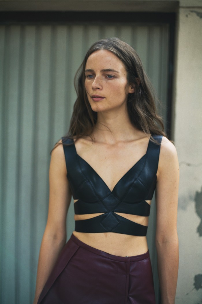 Think of underwear as armour. Don’t be afraid to show your battle scars. Anna wears Alaïa leather bustier, £2,590. Y/Project faux-leather skirt, POA
