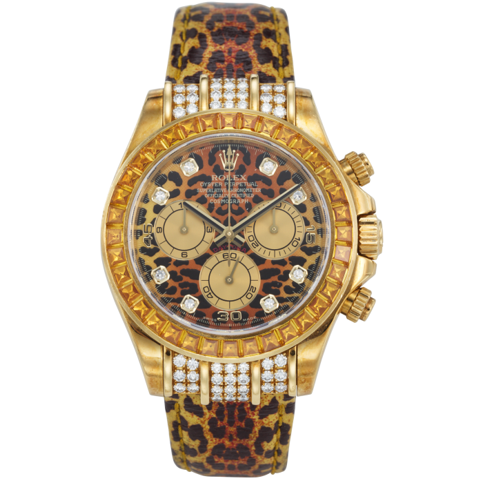 Rolex gold, diamond and orange sapphire “Leopard” Daytona, c2001, estimate £32,000-£37,000