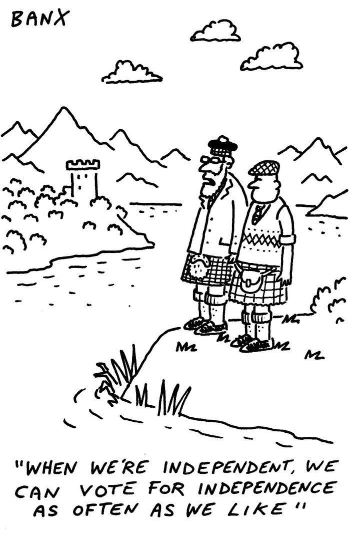 A black and white illustration of two men in kilts standing outdoors