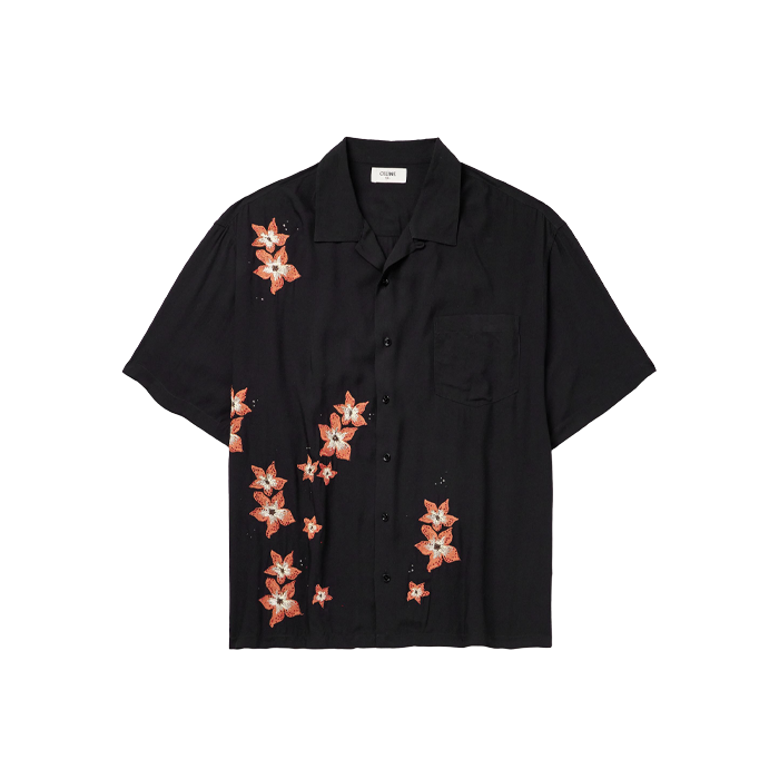 A short sleeve black shirt with orange coloured flower detail