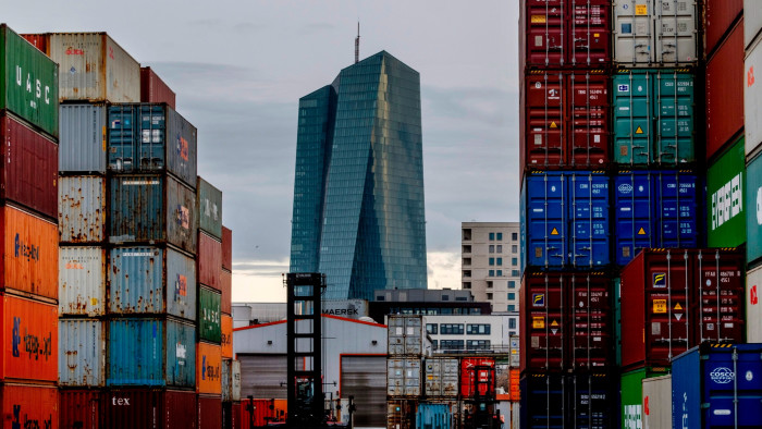 The ECB building next to containers in Frankfurt
