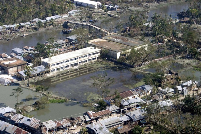An aerial view over southern Bangladesh reveals extensive flooding as a result of Cyclone Sidr on November 20, 2007