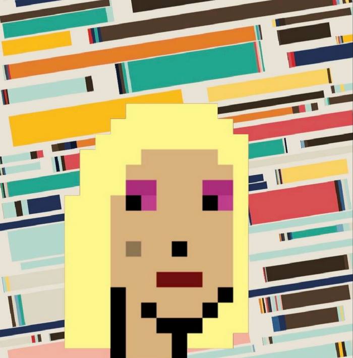 A pixellated female figure with blonde hair