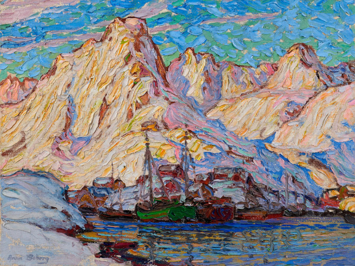In a painting, rose mountain peaks extend beyond a picturesque fisherman’s village overlooking a blue-watered bay. Framing the scene is an imaginatively rendered turquoise and green sky.