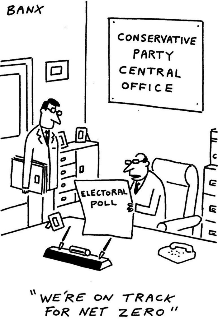 A Banx cartoon of two people at the Conservative party office looking at an electoral poll survey