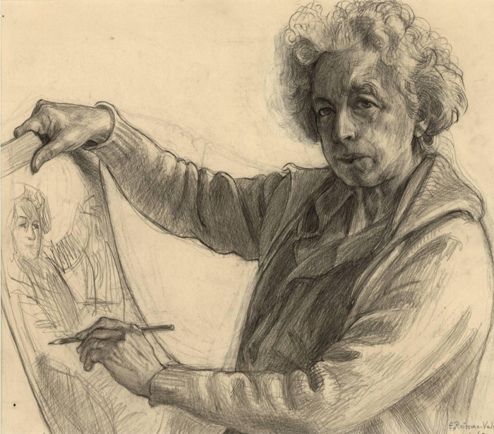 In a drawing, a middle-aged woman wearing a loose jumper is portrayed from her left-hand side while working on a self-portrait, her eyes breaking the fourth wall.